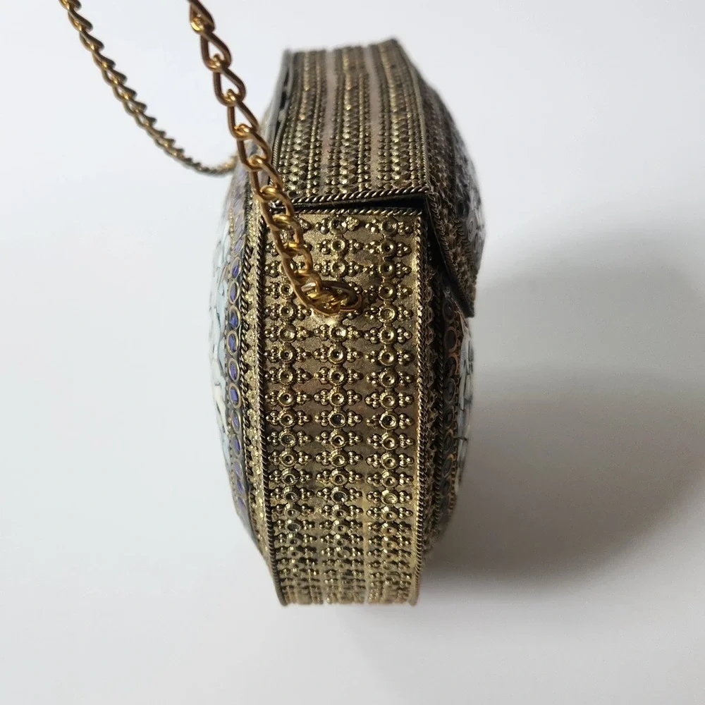 Vintage Handmade Brass Mother of Pearl Mosaic Crossbody Clutch Purse Bohemian